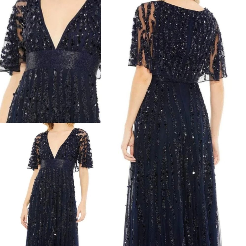 $798 MAC DUGGAL NEW cape sleeve midnight navy blue beaded gown dress 14 NWT